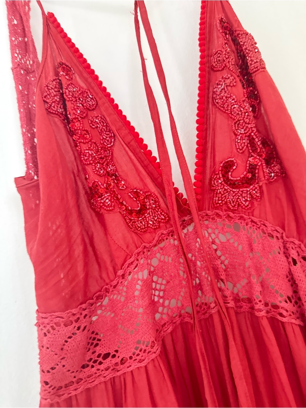Red Maxi Dress with Crochet Waist and Beaded Detail